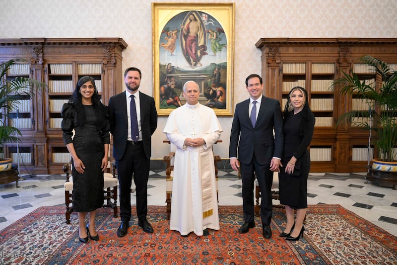 Pope Leo XIV poses with US Vice President J.D. Vance, his wife Usha Vance, Secretary of State Marco Rubio and wife Jeanette Dousdebes Rubio during a private audience at the Apostolic Palace on May 19, 2025 in Vatican City, Vatican.