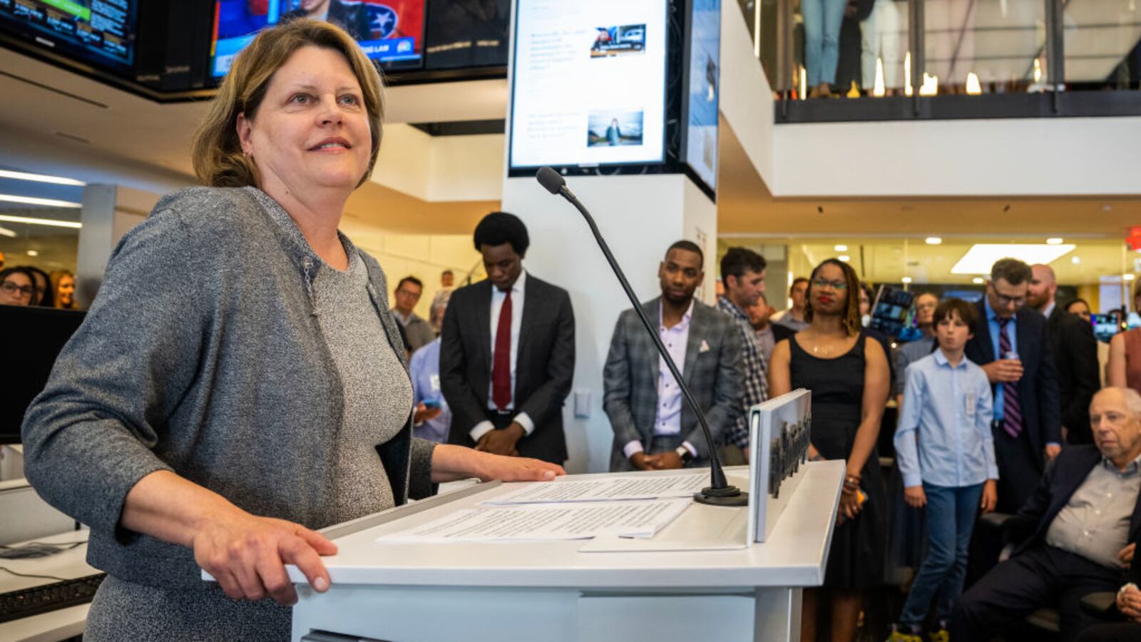 Washington Post Executive Editor Sally Buzbee makes remarks in the newsroom after the Post won three Pulitzer prizes.