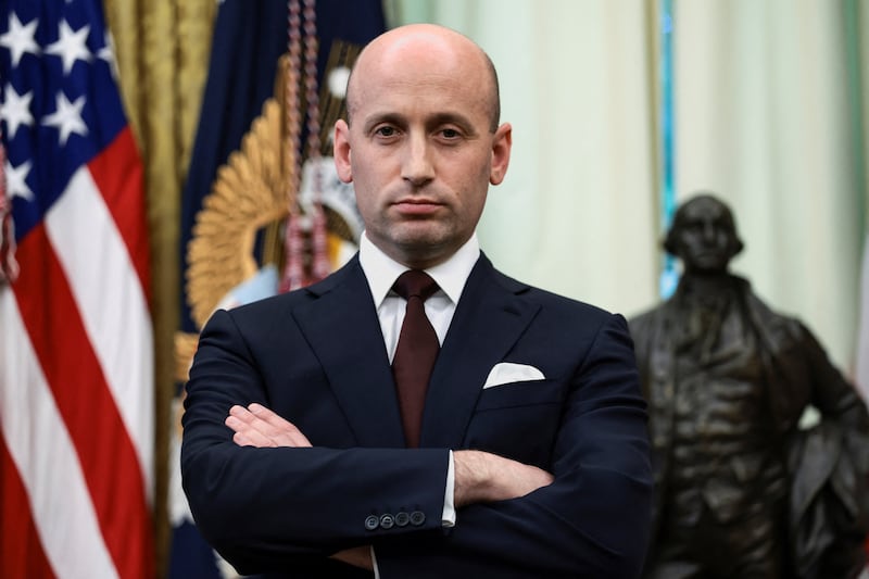 White House Deputy Chief of Staff Stephen Miller attends an event held by U.S. President Donald Trump to sign executive orders related to birthright citizenship and the polysilicon industry, in the Oval Office at the White House in Washington, D.C., U.S., August 6, 2026.