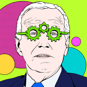 Illustrated gif of Joe Biden wearing glasses made out of spinning gears with dots behind him.