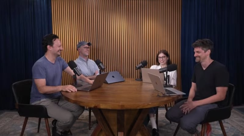 (L-R) Michael Cruz Kayne, Asher Perlman, Eliana Kwartler, and Steve Waltien host the podcast “Jokes on News.”