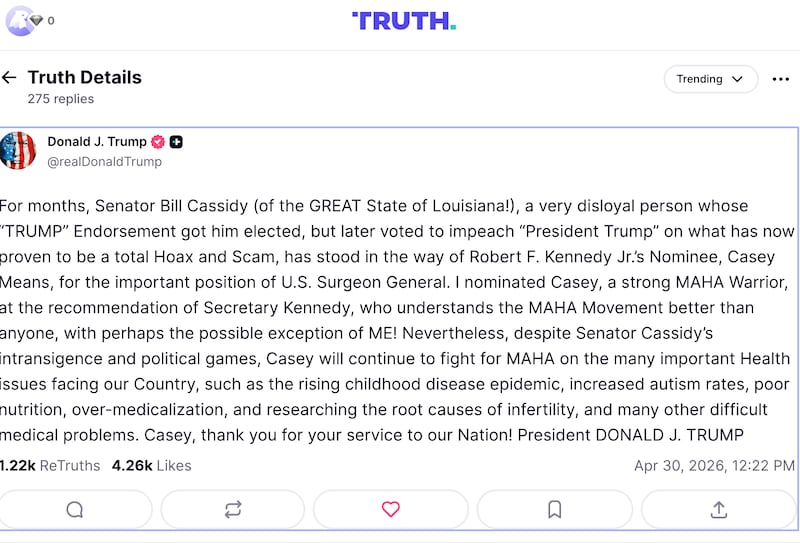 Trump took aim at Sen. Bill Cassidy.