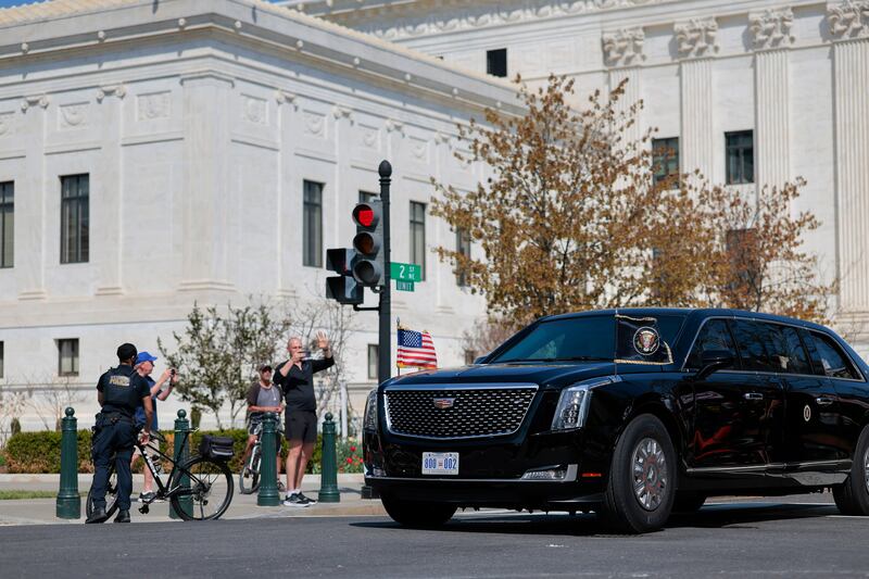 The Presidential limousine "The Beast" carrying President Donald Trump departs the Supreme Court on April 01, 2026 in Washington, DC after Trump attend the first part of the oral arguments on the case Trump v. Barbara.