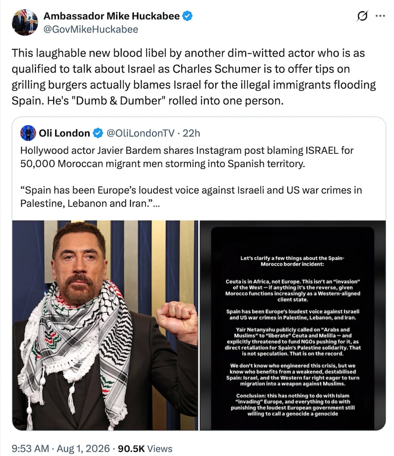 Ambassador to Israel Mike Huckabee reacts to Javier Bardem's online post.