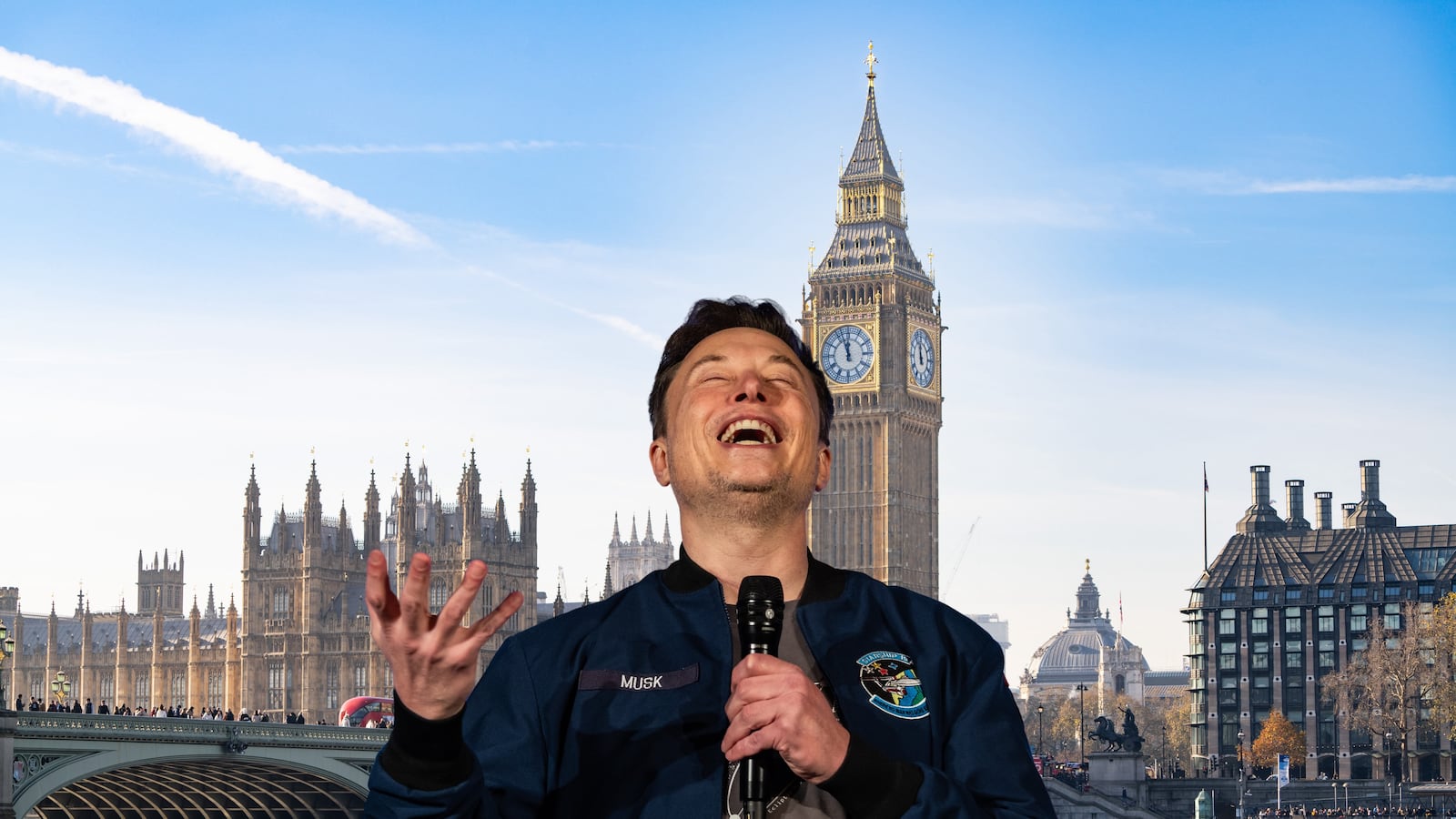 An image of Elon Musk is imposed over an image of a view of Big Ben, Westminster Bridge, and the Palace of Westminster in London, United Kingdom.