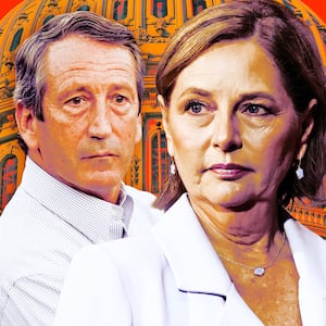 A photo illo illustration of Mark Sanford and Sen. Darline Graham in front of the Capitol building.