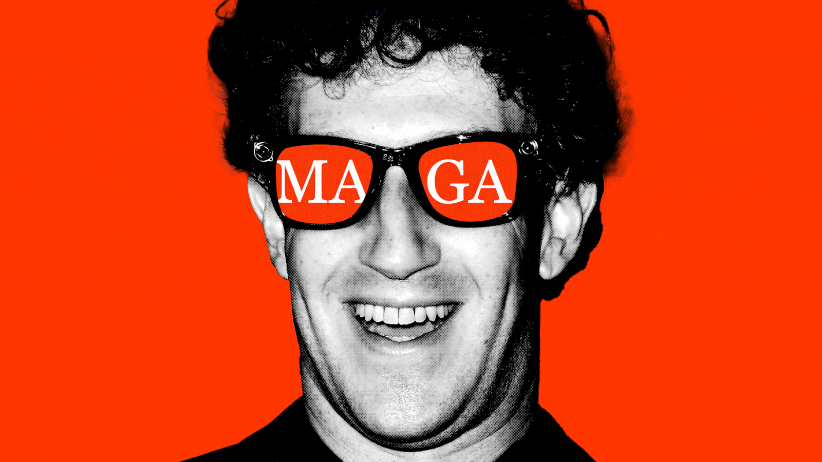 Mark Zuckerberg with sunglasses flashing between reading "MAGA" and "MARK" on a red background