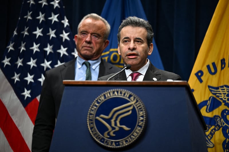 U.S. Food and Drug Administration Commissioner Marty Makary speaks during a press conference alongside U.S. Secretary of Health and Human Services Robert F. Kennedy Jr., and Centers for Medicare & Medicaid Services Administrator Mehmet Oz, discussing administration plans to lower drug costs, at the Department of Health and Human Services in Washington, D.C., U.S., October 29, 2025.