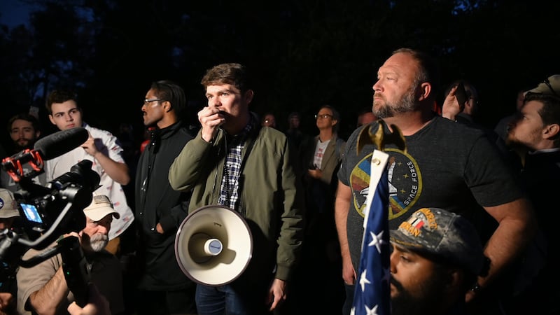 Nick Fuentes, Alex Jones, Ali Alexander during a 'Stop the Steal,' Far-Right Rallies leaders, broadcaster rally at the Governor's Mansion in Georgia November 19th, 2020 as the state finishes the recount in the Presidential election - calling on Governor Kemp to help President Trump.