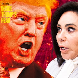 A photo illo illustration of Donald Trump yelling at Jeanine Pirro for Inside Trump's Head podcast.