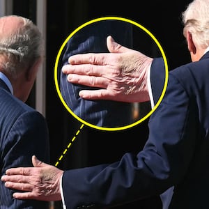 A photo composite of Donald Trump and King Charles with his hand highlighted.
