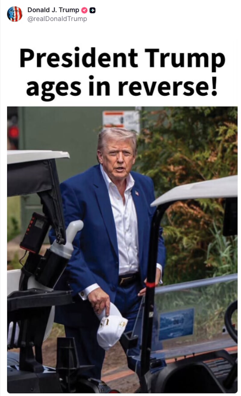 A photo of Donald Trump walking past golf carts with the headline: "President Trump ages in reverse!"