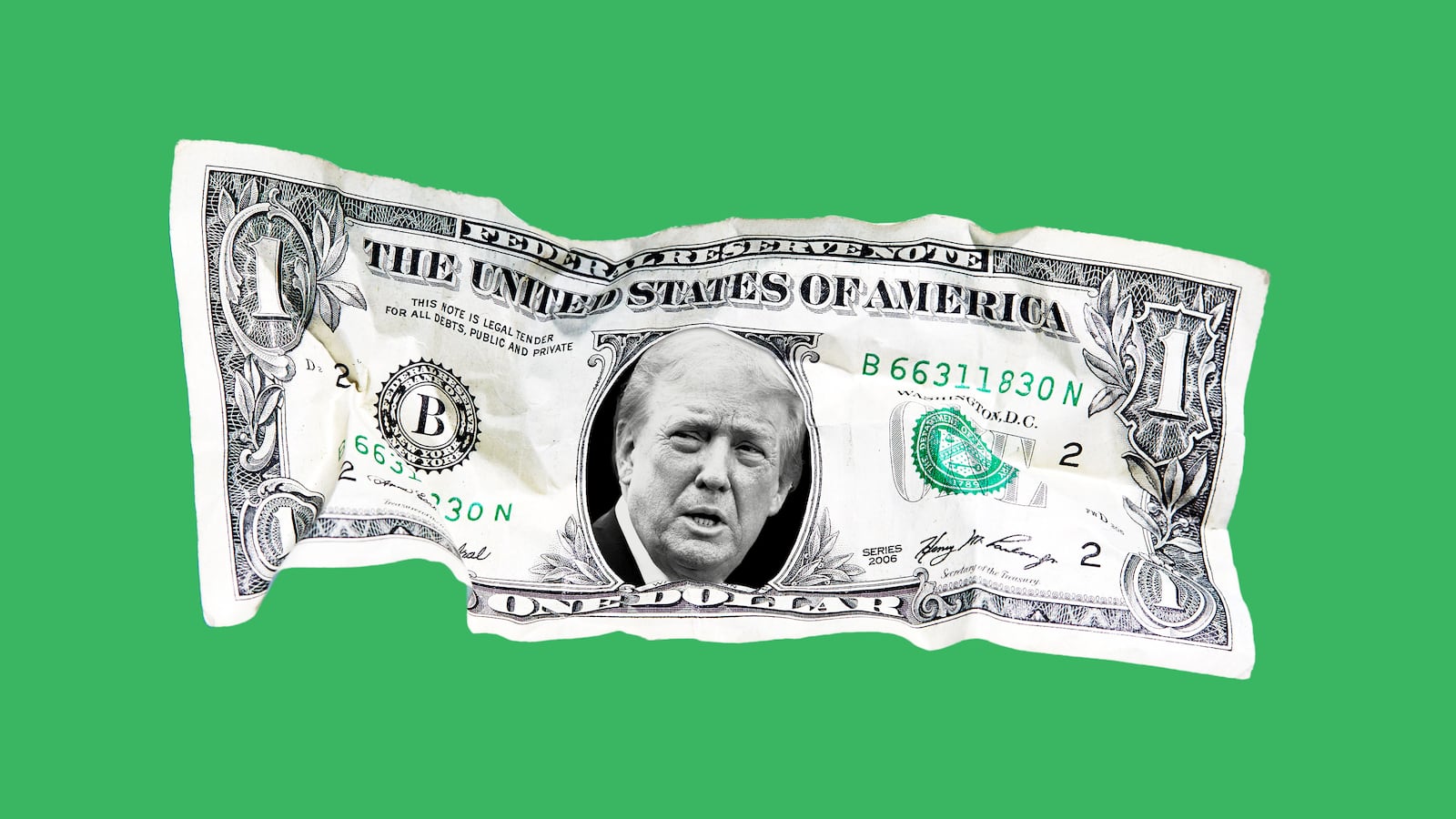 Crumpled one dollar bill with Donald Trump in the portrait space