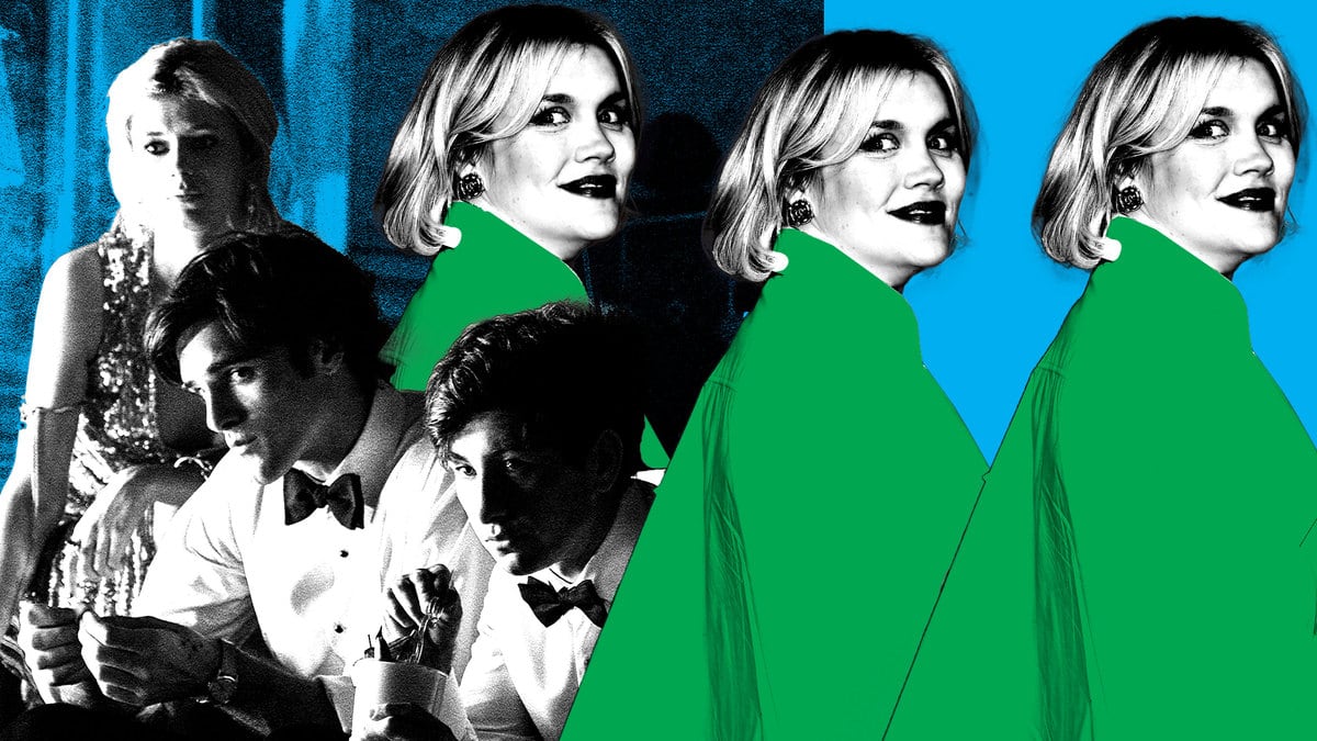 A photo illustration of Emerald Fennel interweaved with the cast of 'Saltburn'