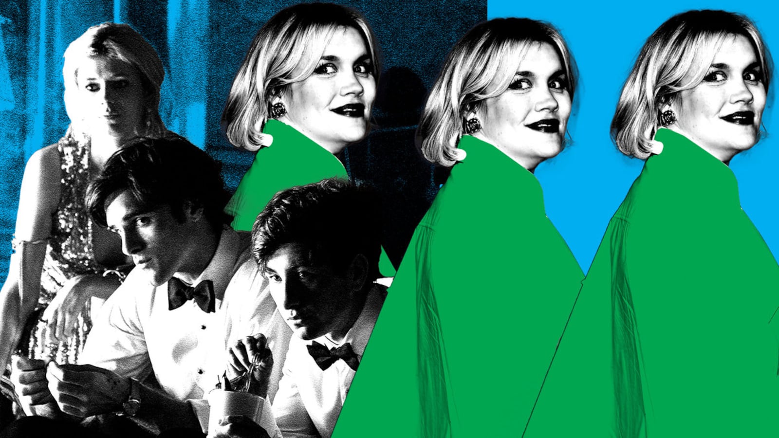 A photo illustration of Emerald Fennel interweaved with the cast of 'Saltburn'