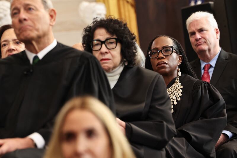 Justice John Roberts, US Supreme Court Associate Justice Sonia Sotomayor and US Associate Supreme Court Justice Ketanji Brown Jackson