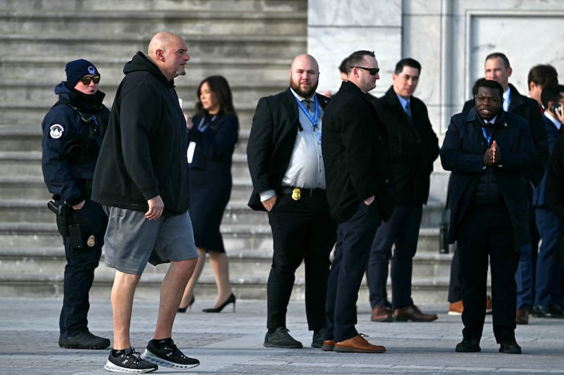 US Senator John Fetterman (2nd L) arrives for the inauguration ceremony where Donald Trump will sworn in as the 47th US President in the US Capitol Rotunda in Washington, DC, on January 20, 2025. (Photo by ANDREW CABALLERO-REYNOLDS / AFP) (Photo by ANDREW CABALLERO-REYNOLDS/AFP via Getty Images)