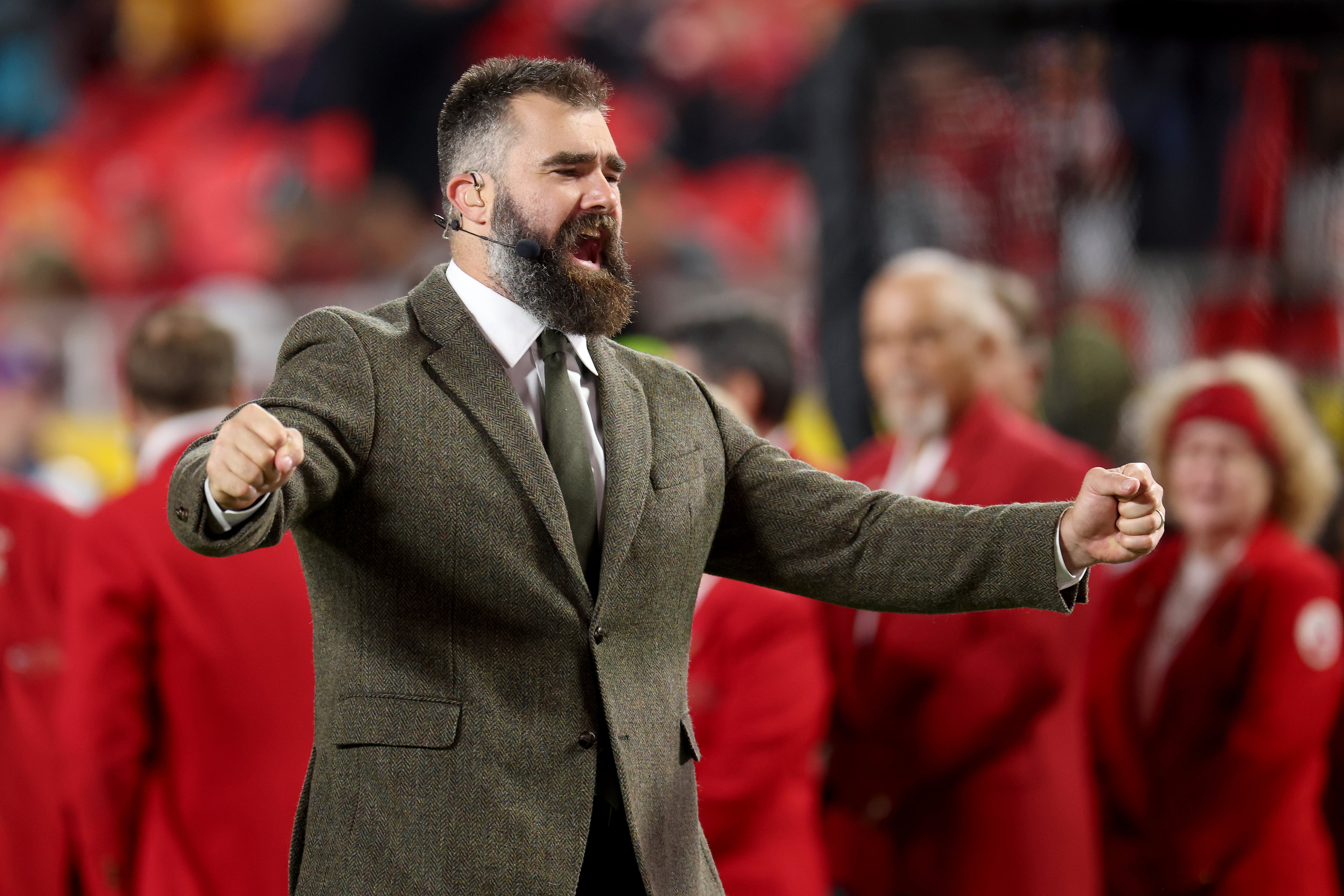 Jason Kelce at the game between the Washington Commanders and the Kansas City Chiefs at Arrowhead Stadium in Missouri in October 2025.