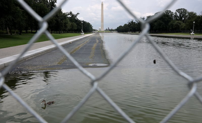 Ducks swim around as the draining of the Lincoln Memorial Reflecting Pool continues, following renovations and Independence Day celebrations, in Washington, D.C., U.S., July 12, 2026. REUTERS/Leah Millis