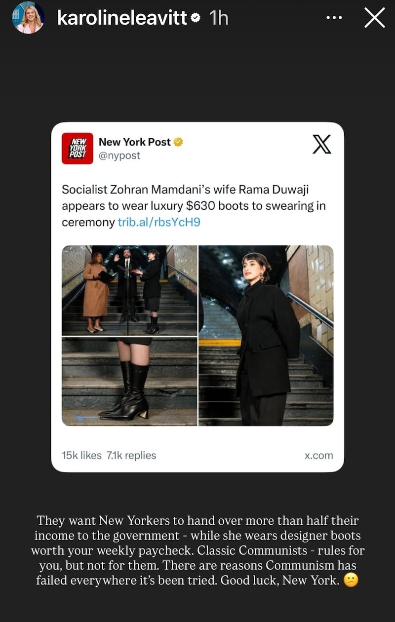 Leavitt hit out at Mamdani and his wife in an Instagram post.