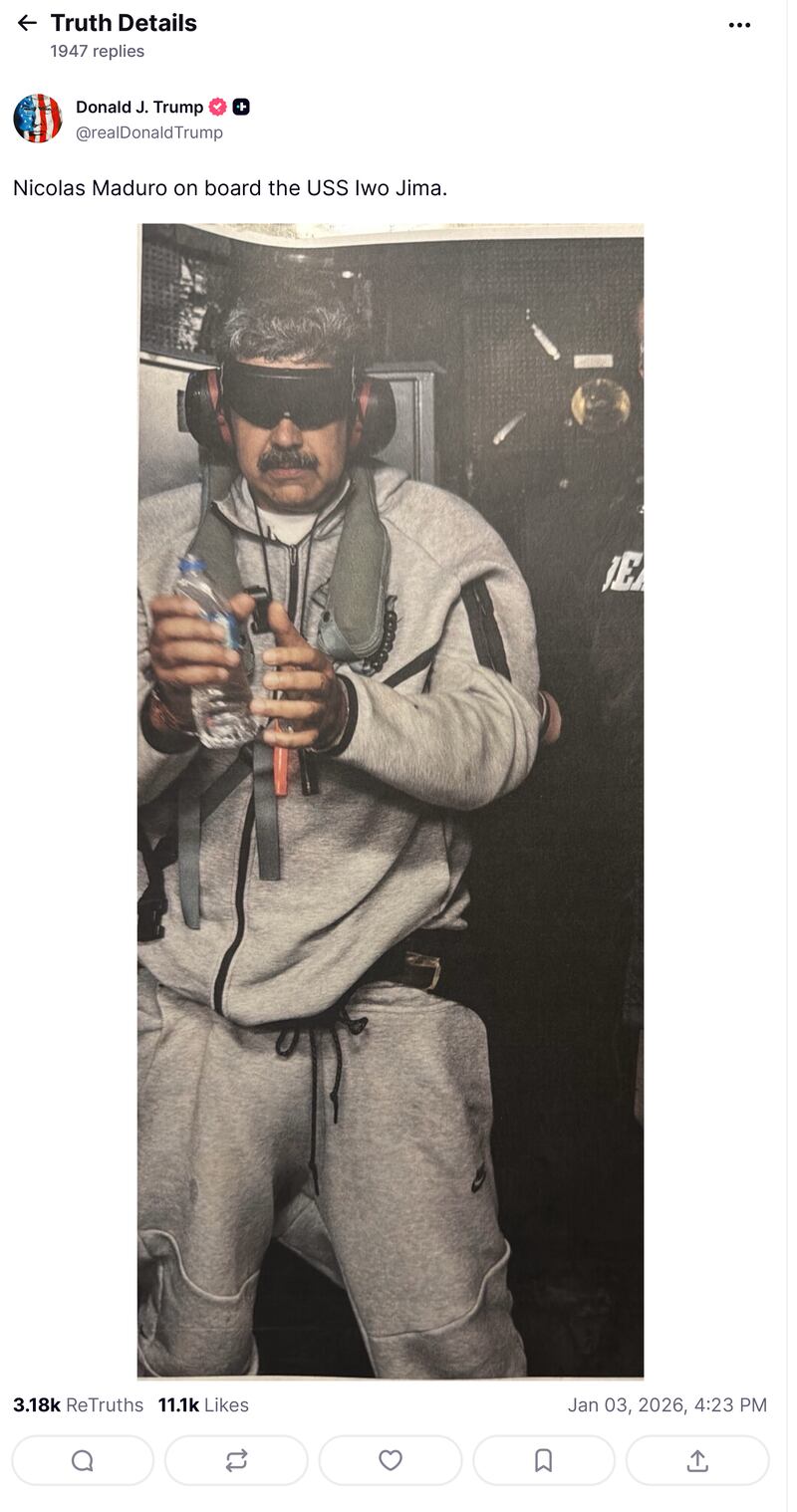 UNSPECIFIED - JANUARY 3:  (EDITOR'S NOTE: This Handout image was provided by a third-party organization and may not adhere to Getty Images' editorial policy.) A screenshot of a post by U.S. President Donald Trump on his Truth Social account shows who he says is President of Venezuela Nicolas Maduro on board the USS Iwo Jima, which is currently patrolling in the Caribbean Sea. (Handout from Truth Social via Getty Images)