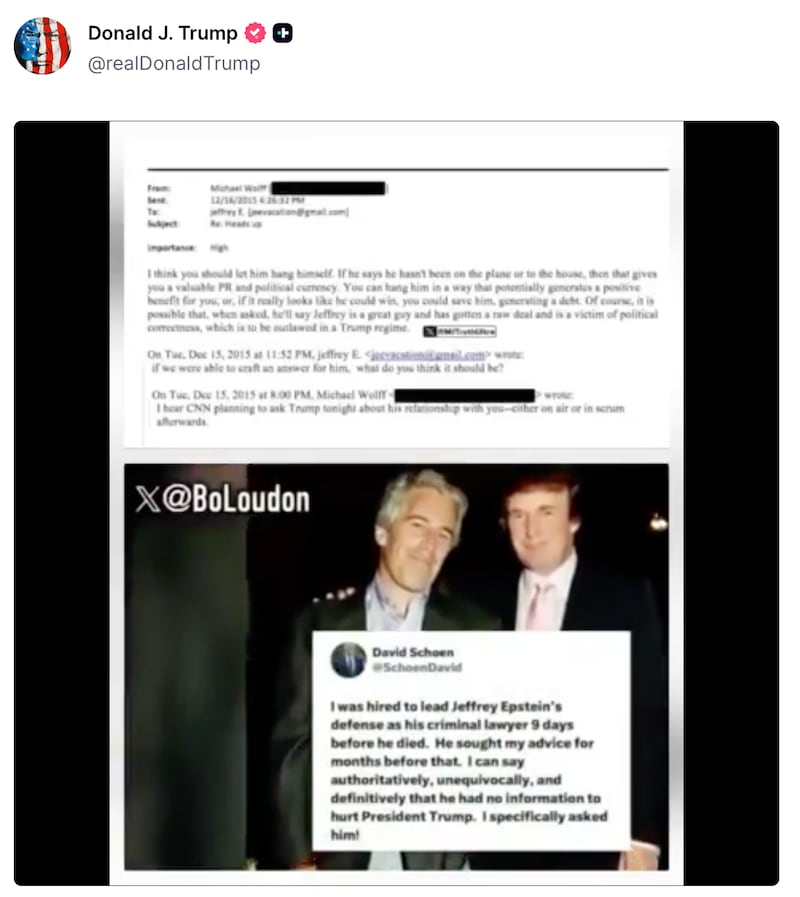 Donald Trump posts about Jeffrey Epstein on his Truth Social spree.