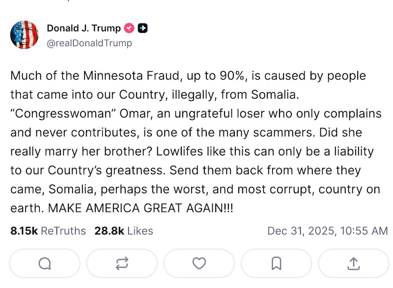 A Dec. 31 post from President Donald Trump calling Somali immigrants "lowlifes," "the worst, and most corrupt."