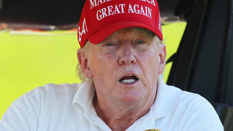 Former President Donald Trump is seen on the on the 15th hole during day one of the LIV Golf Invitational - Bedminster at Trump National Golf Club on Aug. 11, 2023 in Bedminster, New Jersey.