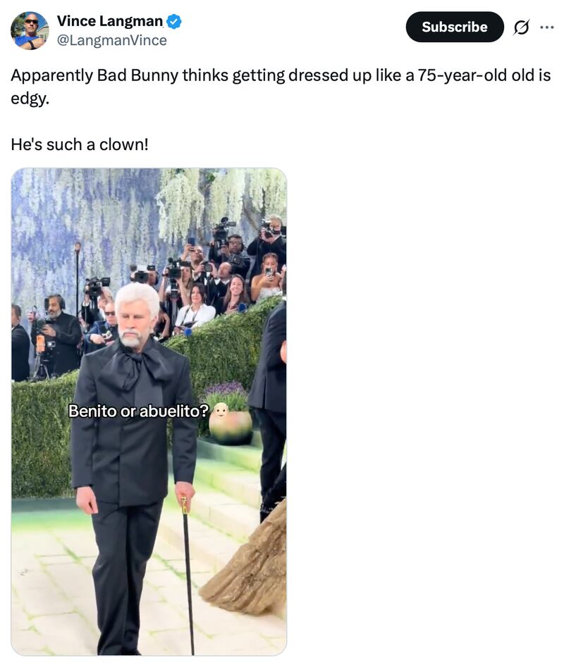 Bad Bunny's Met Gala outfit is mocked by a man in sunglasses.