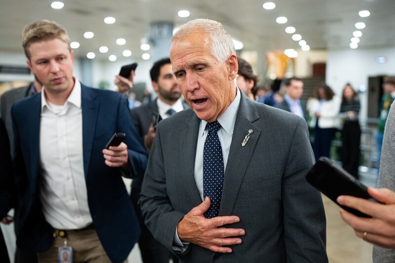 UNITED STATES - NOVEMBER 20: Sen. Thom Tillis, R-N.C., speaks to reporters after a vote in the U.S. Capitol on Thursday, November 20, 2025. (Bill Clark/CQ-Roll Call, Inc via Getty Images)