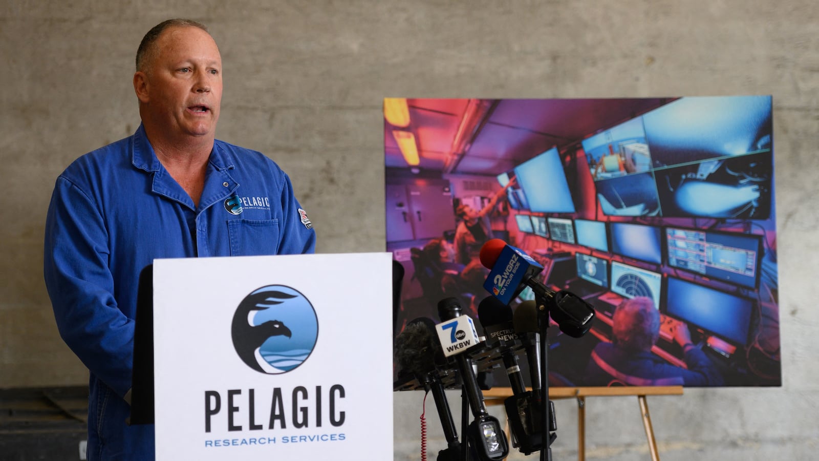 Pelagic Research Services CEO, Edward Cassano, gets emotional during a press conference on Pelagic's role in the search and recovery operations for the OceanGate Titan submersible, in East Aurora, New York, on June 30, 2023.