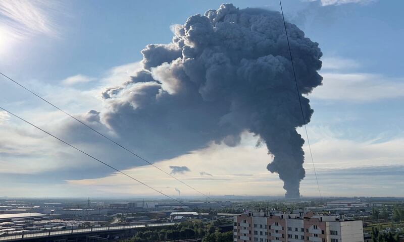 Smoke billows from the burning Wildberries warehouse following a Ukrainian drone attack, according to local authorities, in the course of the Russia-Ukraine conflict, in Saint Petersburg, Russia July 24, 2026, in this still image taken from video.