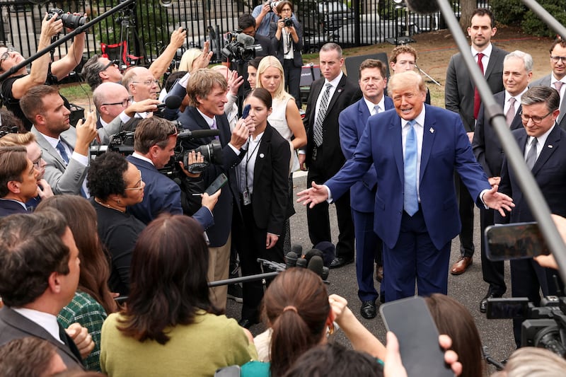 US President Donald Trump, with Meta CEO Mark Zuckerberg and US House Speaker Mike Johnson (R-LA), speaks to the media at the White House driveway following a luncheon for tech leaders in the East Room, in Washington, D.C., US, September 29, 2026.