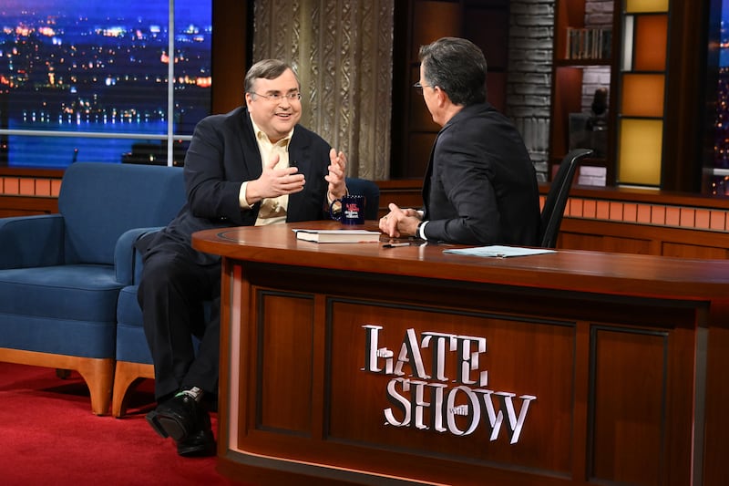 NEW YORK CITY - MARCH 6: The Late Show with Stephen Colbert and guest Reid Hoffman during Thursday's March 6, 2025 show. (Photo by Scott Kowalchyk/CBS via Getty Images)