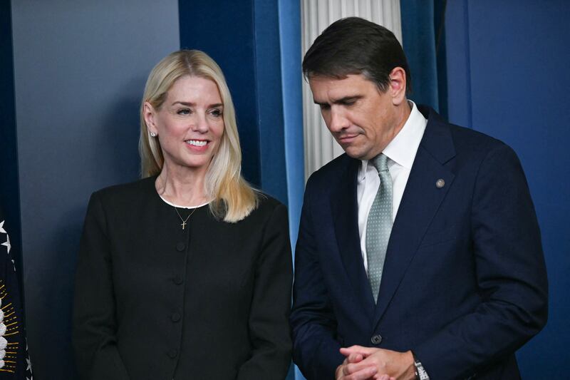 Attorney General Pam Bondi and Deputy Attorney General Todd Blanche during a news conference in the Brady Briefing Room of the White House on June 27, 2025, in Washington, DC.