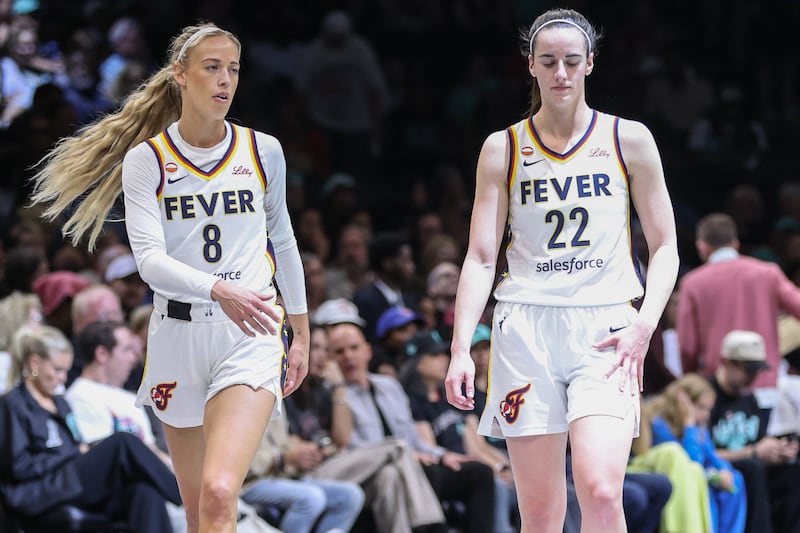 Indiana Fever guards Sophie Cunningham (8) and Caitlin Clark (22) at Barclays Center. Mandatory Credit: Wendell Cruz-Imagn Images