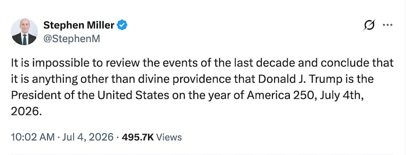 Stephen Miller claims Trump's presidency is 'divine providence.'