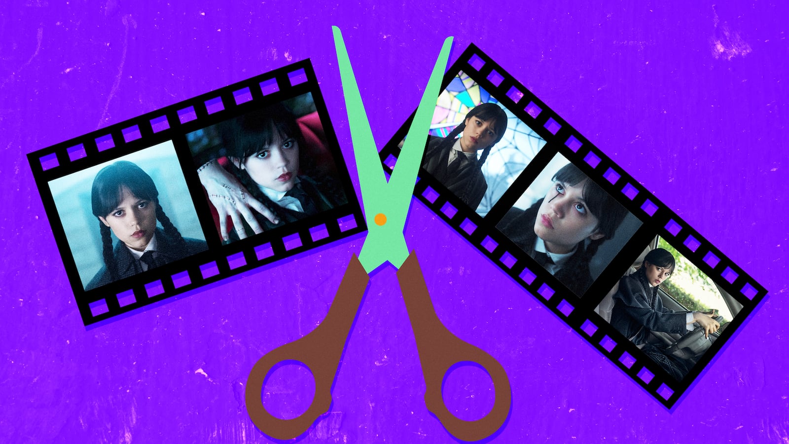 A photo illustration of a pair of scissors cutting a film strip with film stills of Jenna Ortega from the show "Wednesday."