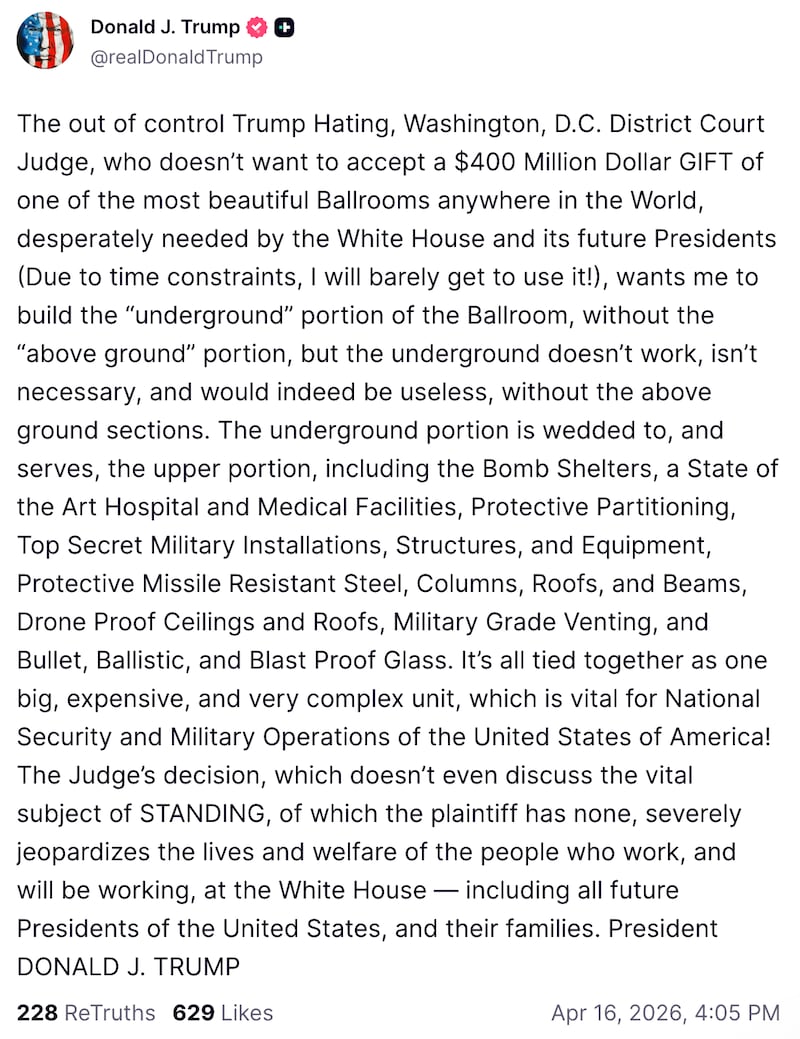 Donald Trump Truth Social White House ballroom post.