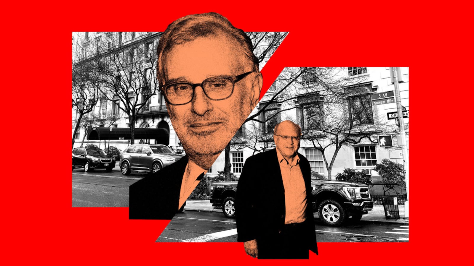 A photo illustration of 1120 Fifth Ave split in half with pictures of Clifford Press and John Breglio in between.