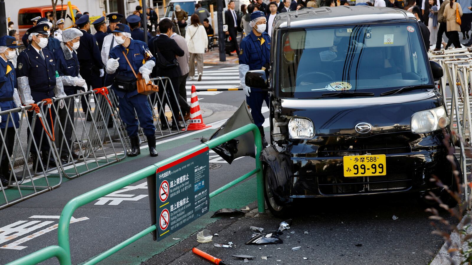 A view of the scene after a car crashed into a barricade near the Israeli embassy in Tokyo, Japan, November 16, 2023.
