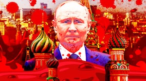 A photo illustration of Vladimir Putin and a blood-soaked Moscow, Russia city skyline.