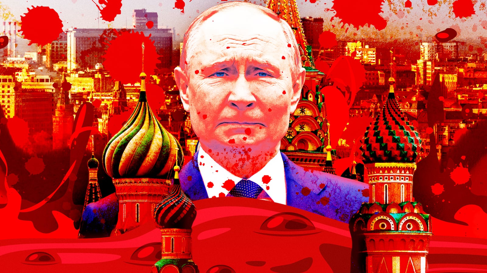 A photo illustration of Vladimir Putin and a blood-soaked Moscow, Russia city skyline.