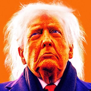 A photo illustration of Donald Trump gone mad.