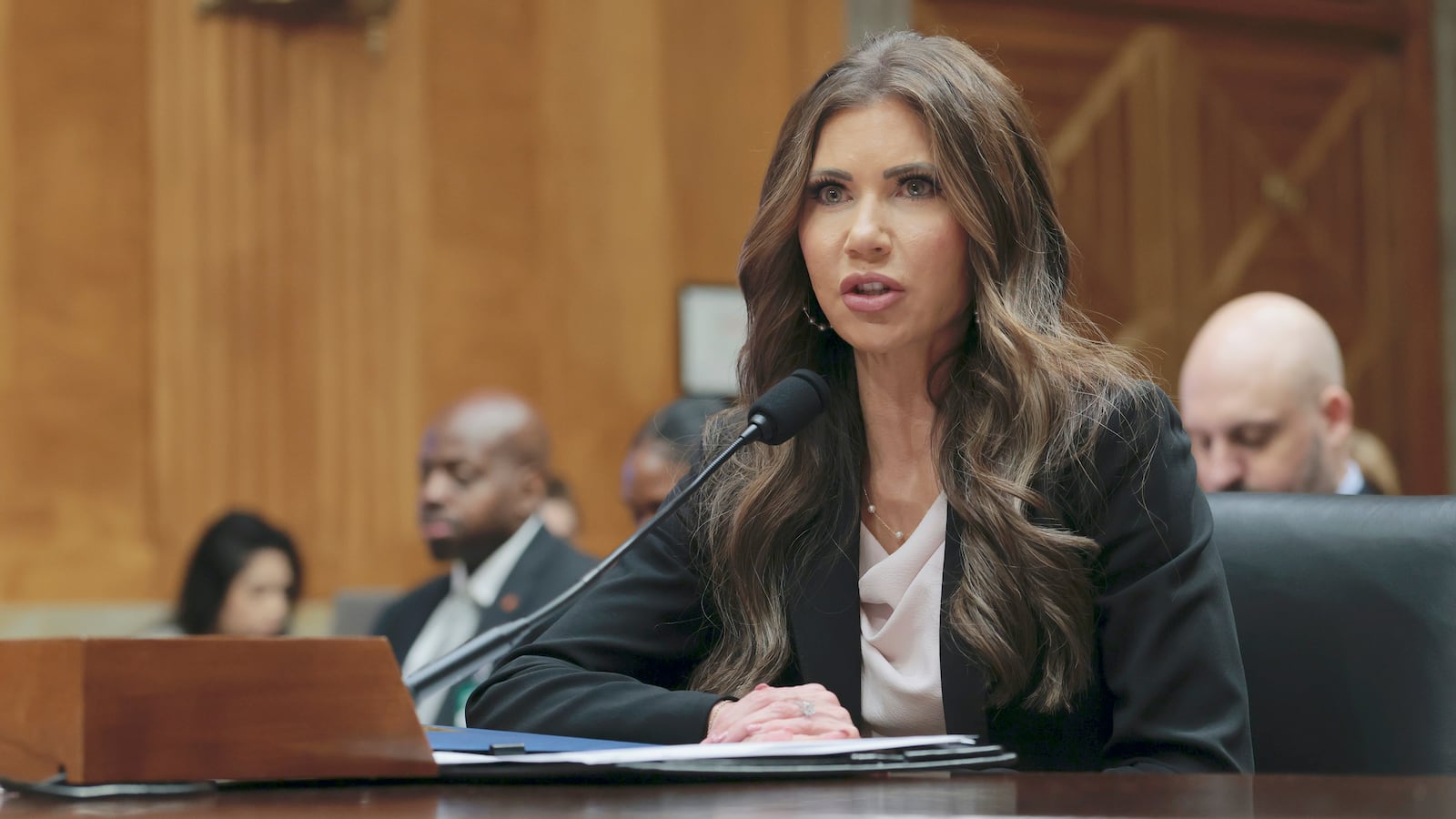 Homeland Security Secretary Kristi Noem speaks during a hearing with the Senate Committee on Homeland Security on Capitol Hill in May.
