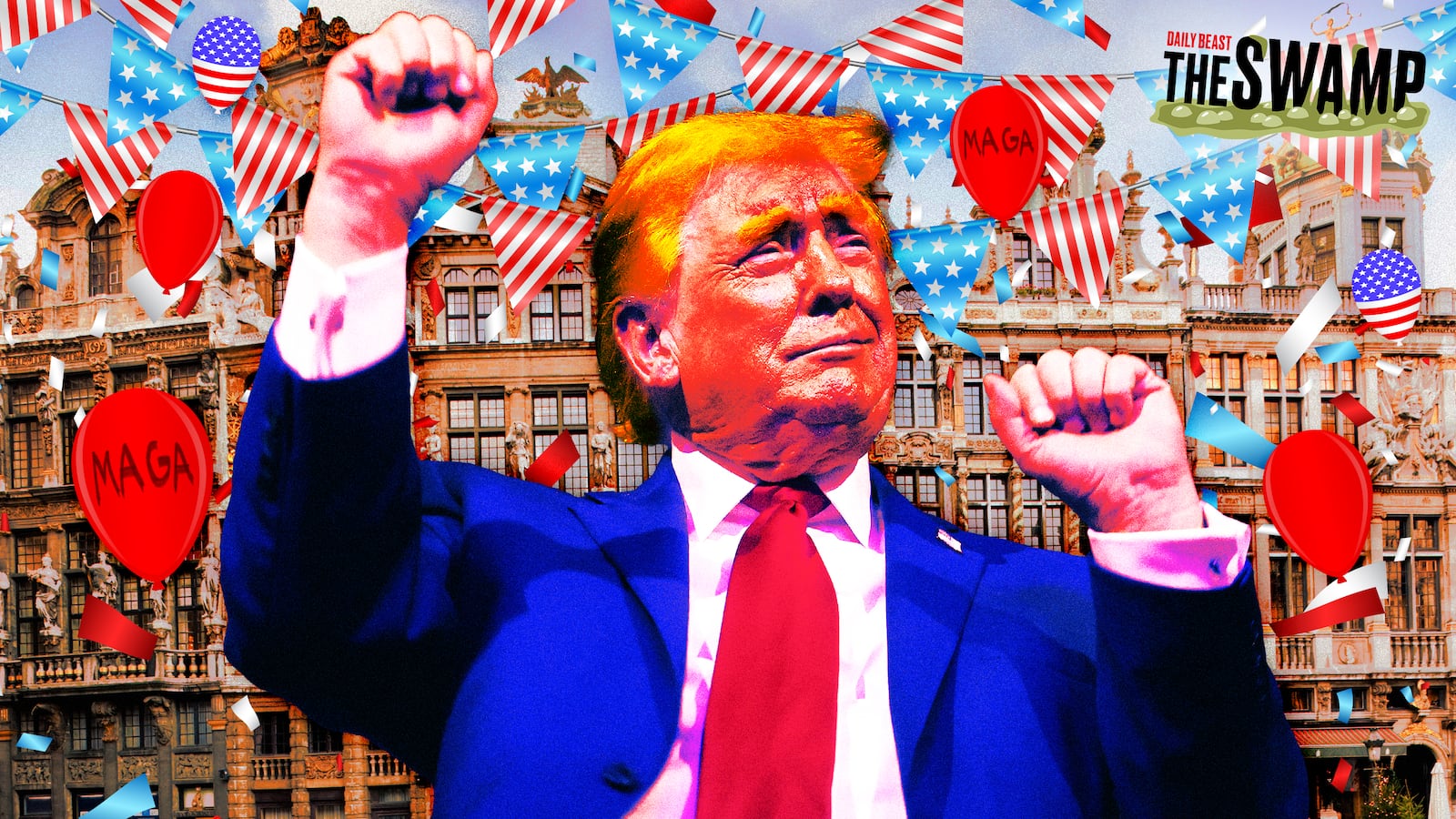 A photo illo illustration of Donald Trump and The Swamp.