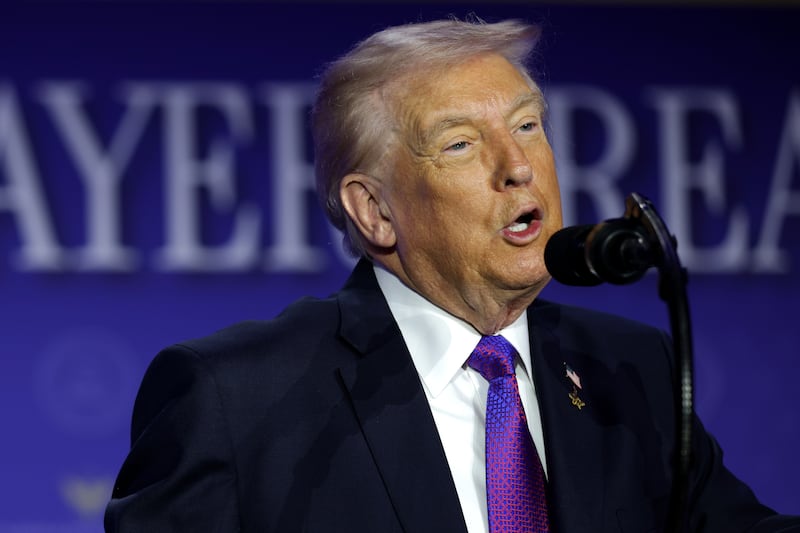 WASHINGTON, DC - FEBRUARY 05:  U.S. President Donald Trump speaks during the 74th annual National Prayer Breakfast at the Washington Hilton on February 5, 2026 in Washington, DC. President Trump is joined by bipartisan Congressional members, business, and religious leaders to pray for the nation. (