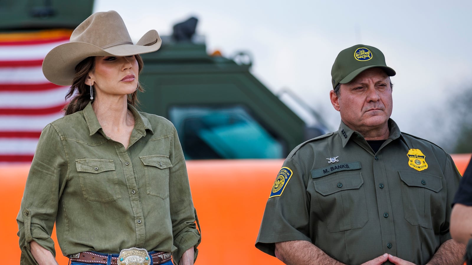 U.S. Secretary of Homeland Security Kristi Noem stands alongside U.S. Border Patrol Rio Grande Valley Sector Chief Jared Ashby, left, and U.S. Border Patrol Chief Mike Banks