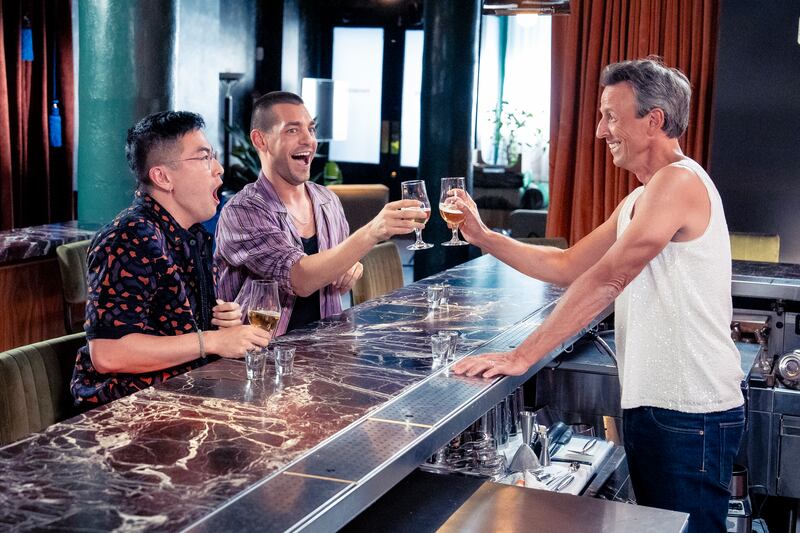 Bowen Yang, Matt Rogers, and host Seth Meyers during "Day Drinking" on September 23