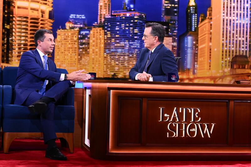 Pete Buttigieg appears on an episode of "The Late Show with Stephen Colbert" on August 21, 2024.
